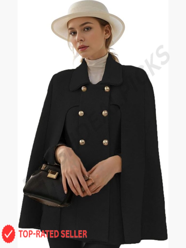 Elegant Wool Blend Cape Coat Double-Breast Poncho Chic Winter Outerwear